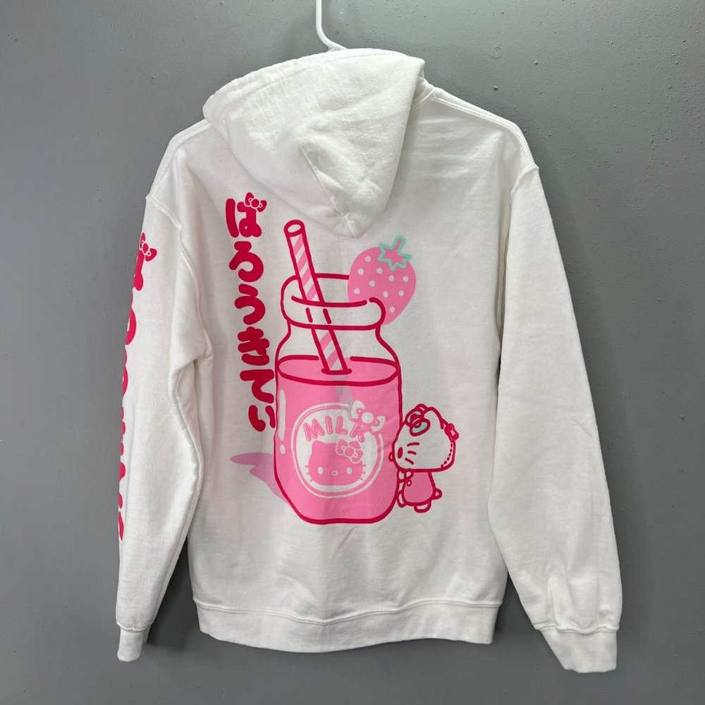 Sanrio Hello Kitty Strawberry Milk Hoodie Pullover size S Oversized White Pocket